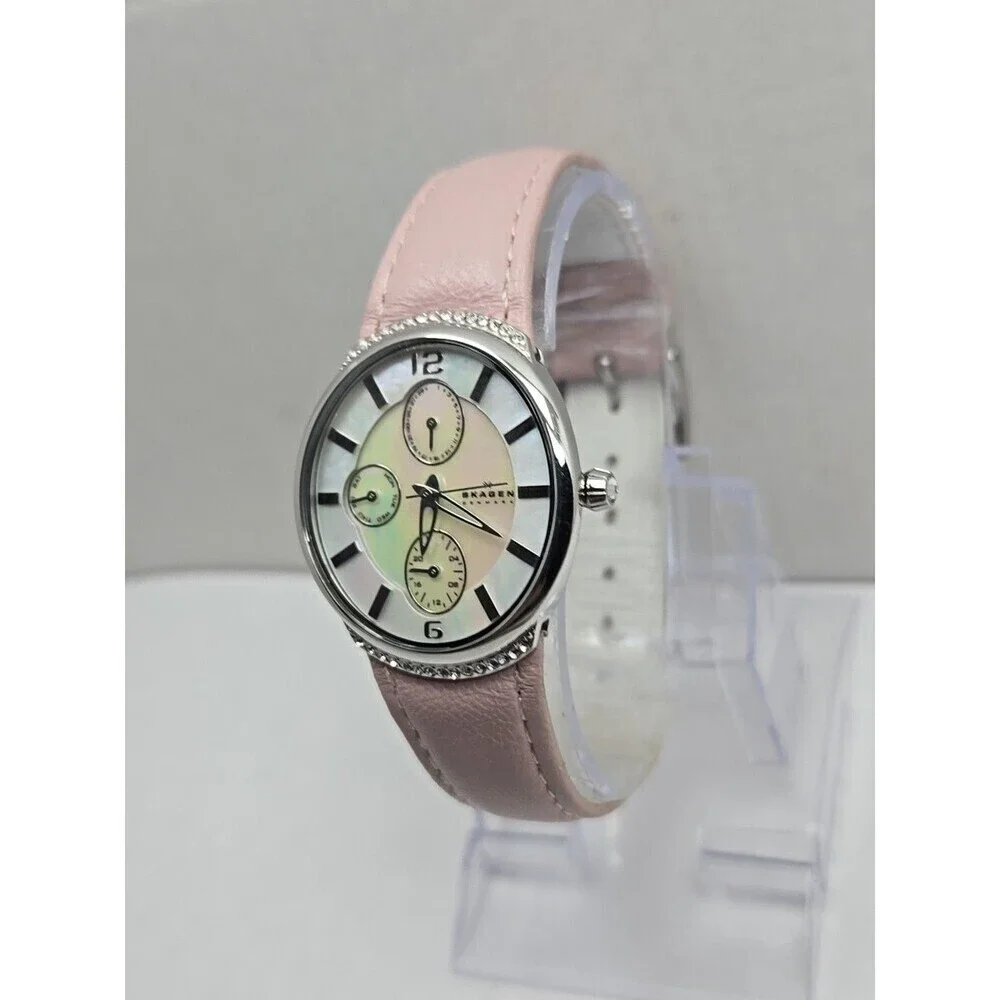 Skagen 586SSLP Womens Day Date Watch MOP Crystal Bezel Pink Leather New Battery